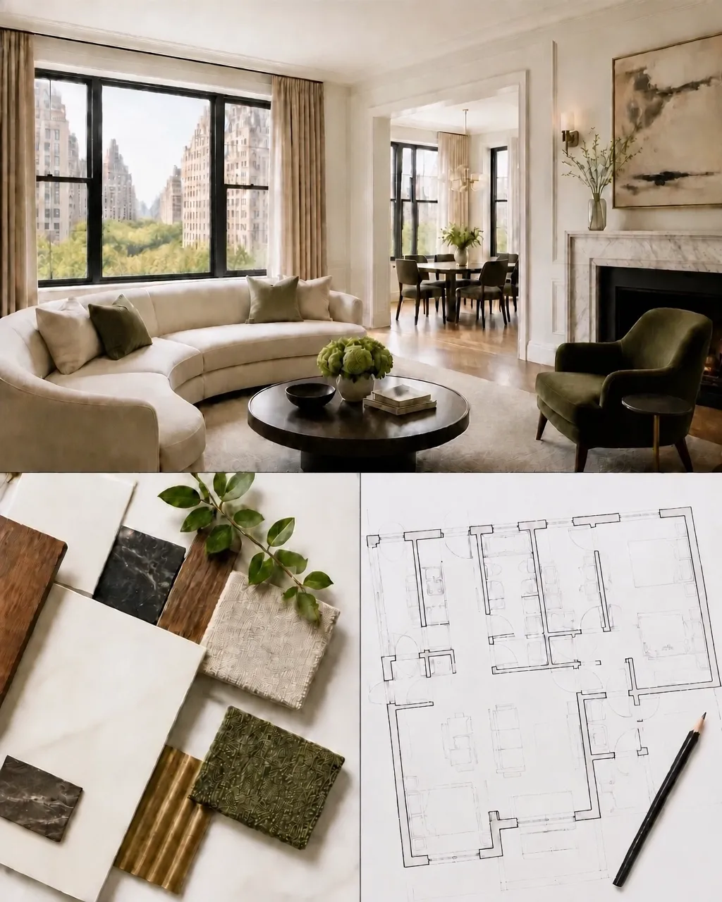 AI-generated illustration showing blueprint planning alongside a proposed interior