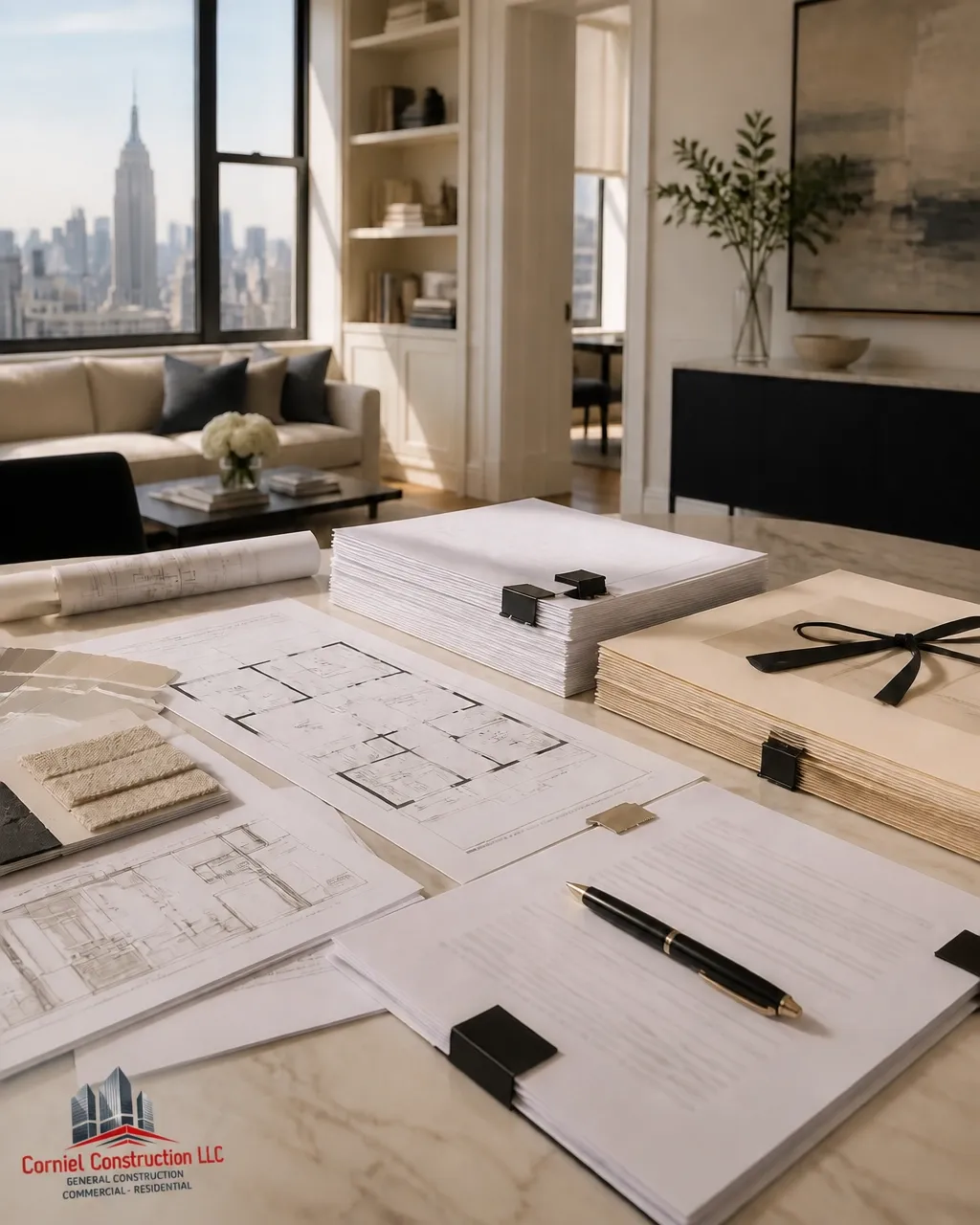 AI-generated illustration of pre-renovation planning materials and a room under consideration