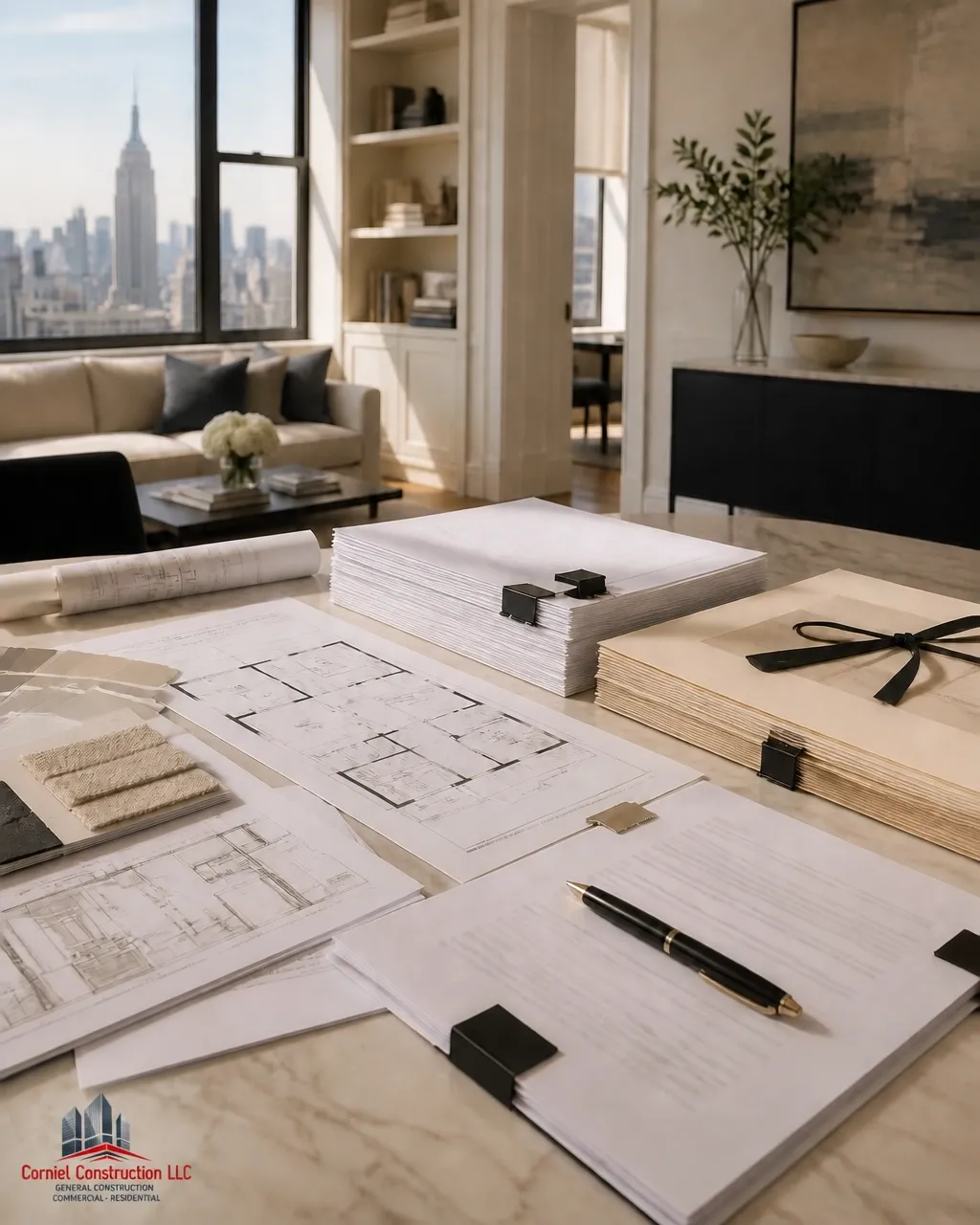AI-generated illustration of project pre-planning materials and drawings