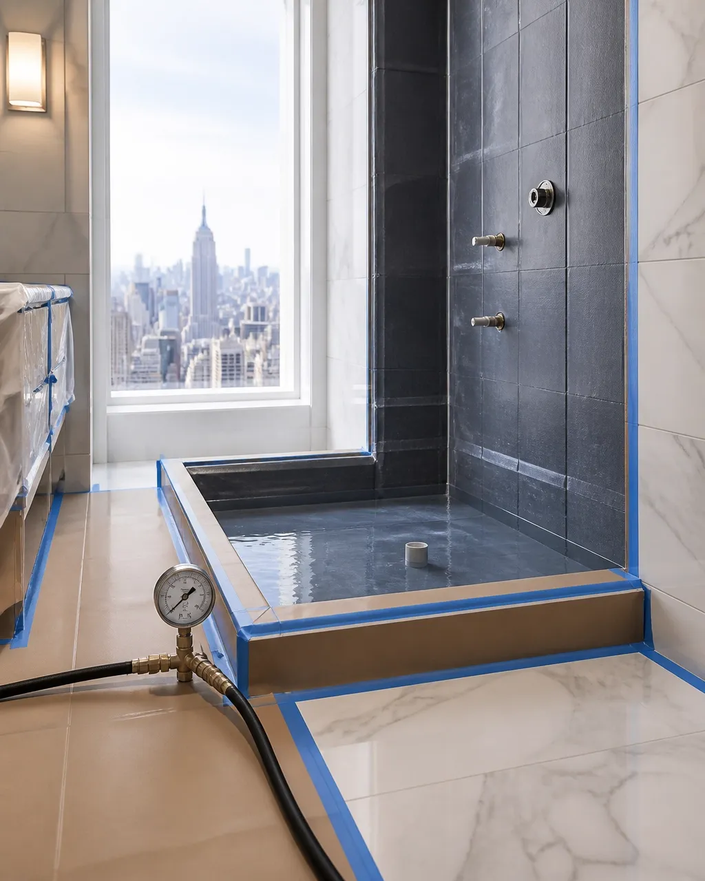 Bathroom pressure-test process visual during verified construction work