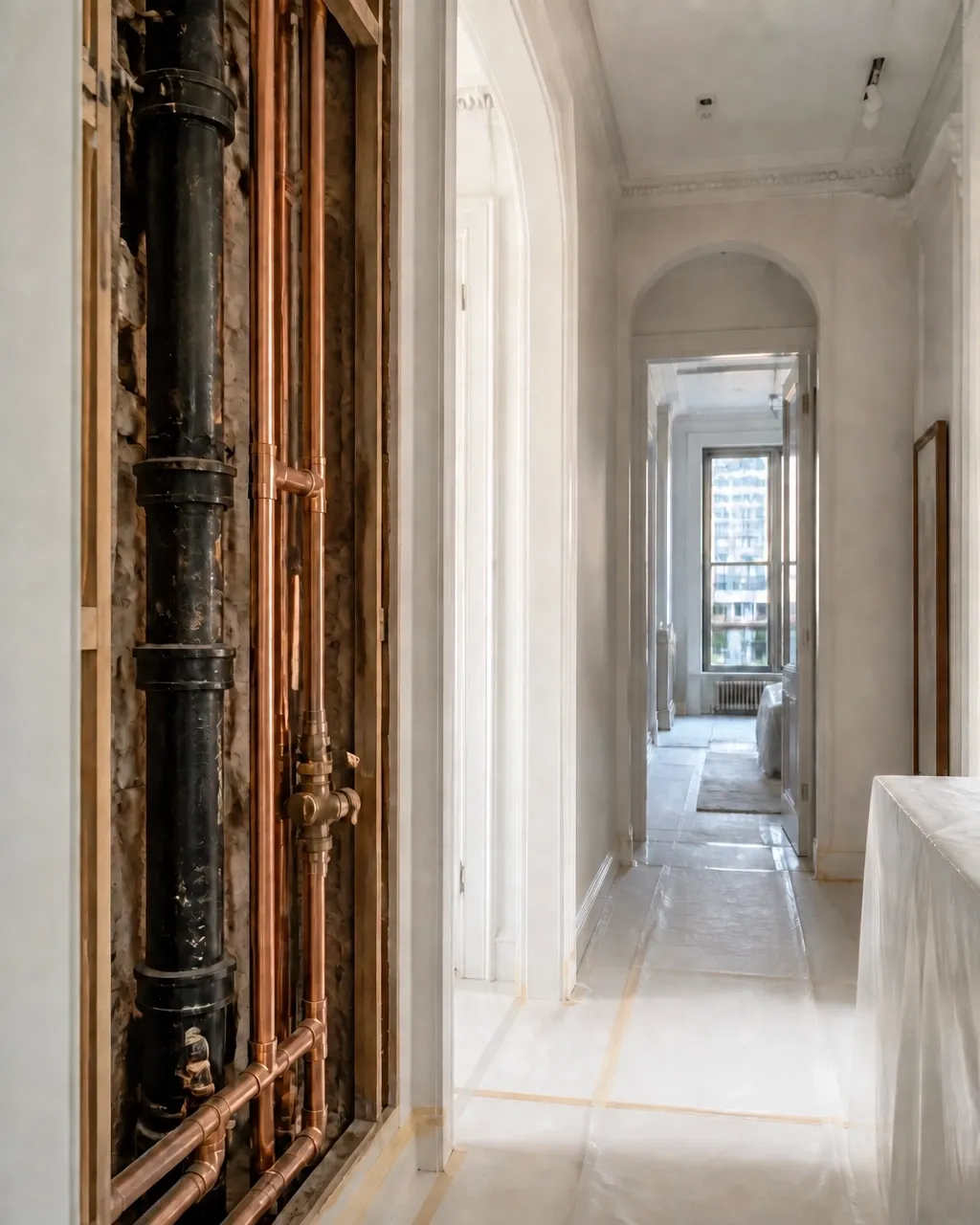 Exposed plumbing infrastructure during a verified construction process